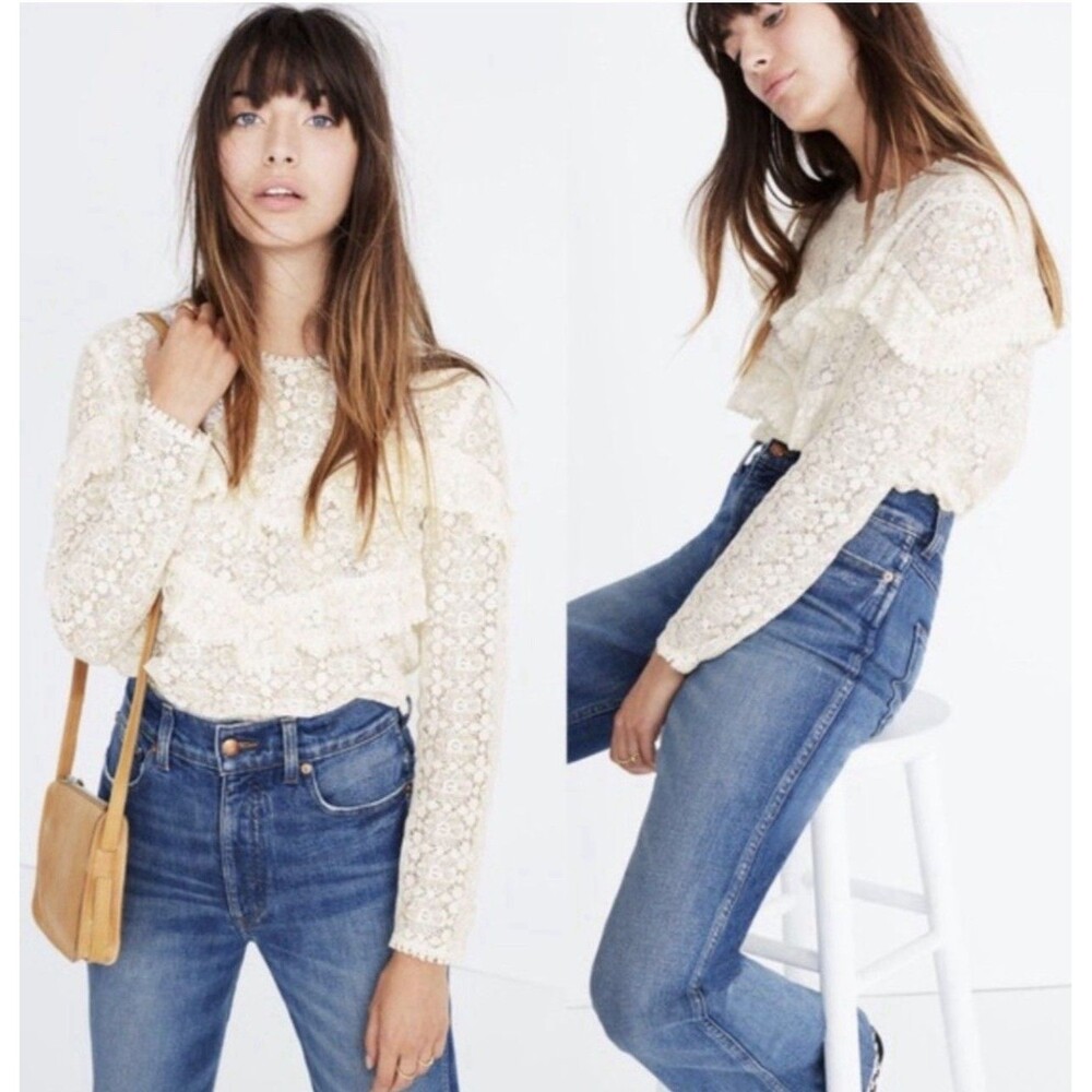 Sezane Ninon Blouse Size 40 US 8 White Lace Ruffle Long Sleeve Romantic Top - Picture 11 of 14